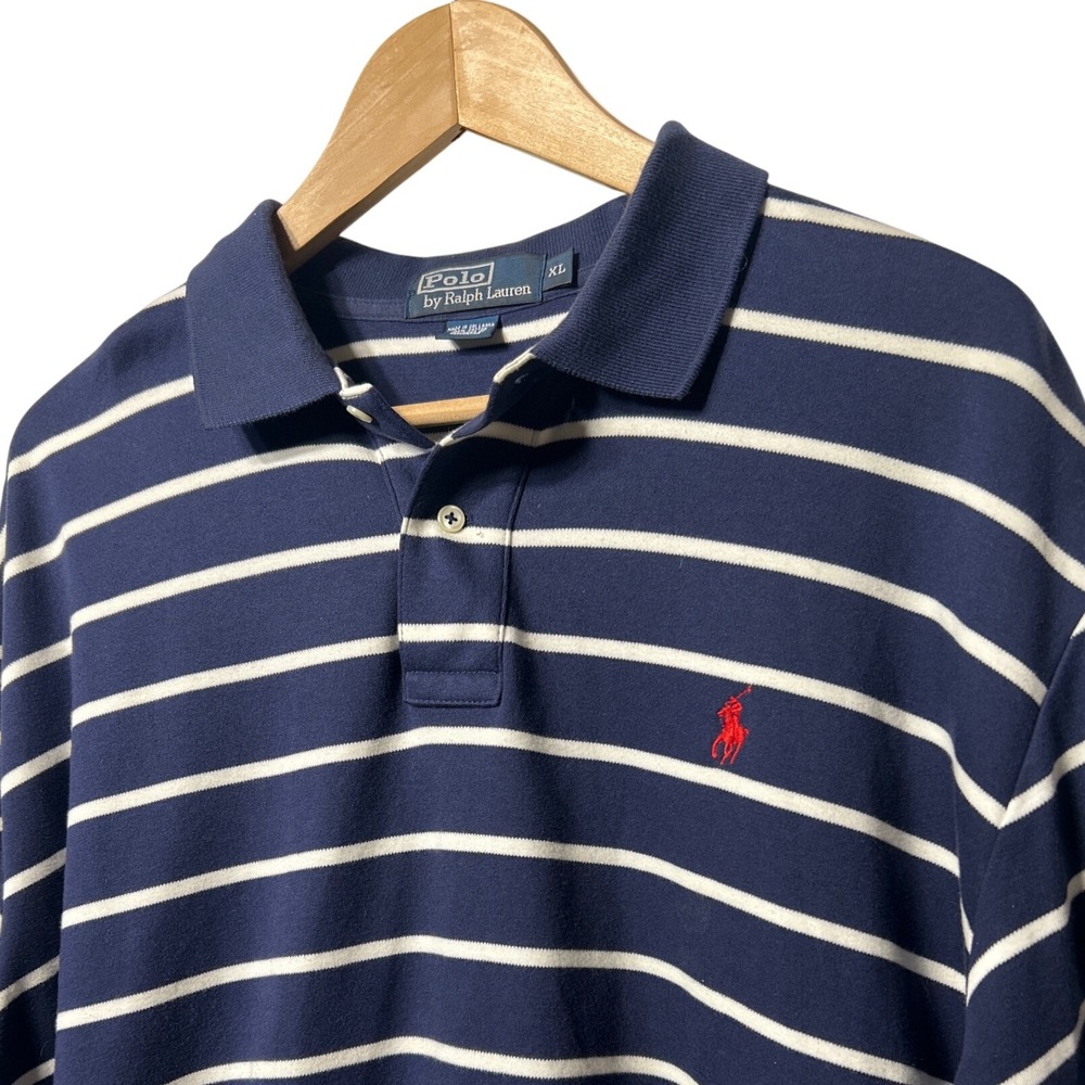 Polo Ralph Lauren Navy Blue‎ White Striped Short Sleeve Polo Shirt Red Pony XL